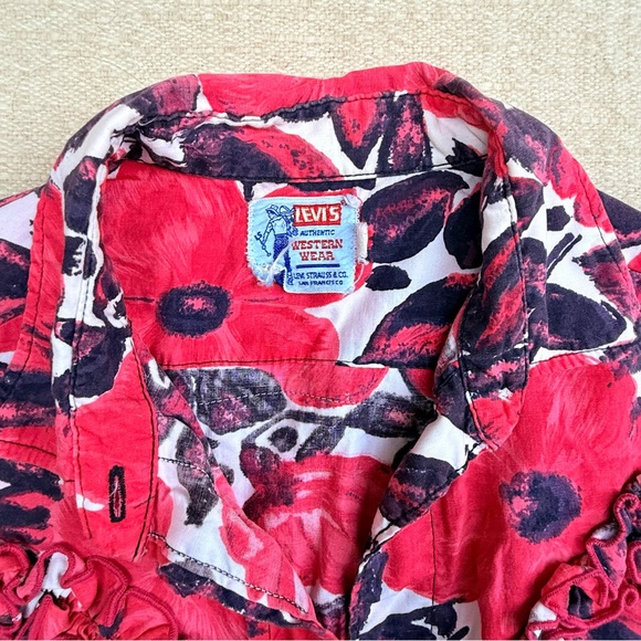 Levi's Vintage Western Wear Floral Painted Pink Black Ruffle Blouse Top Cowboy S - Picture 2 of 9